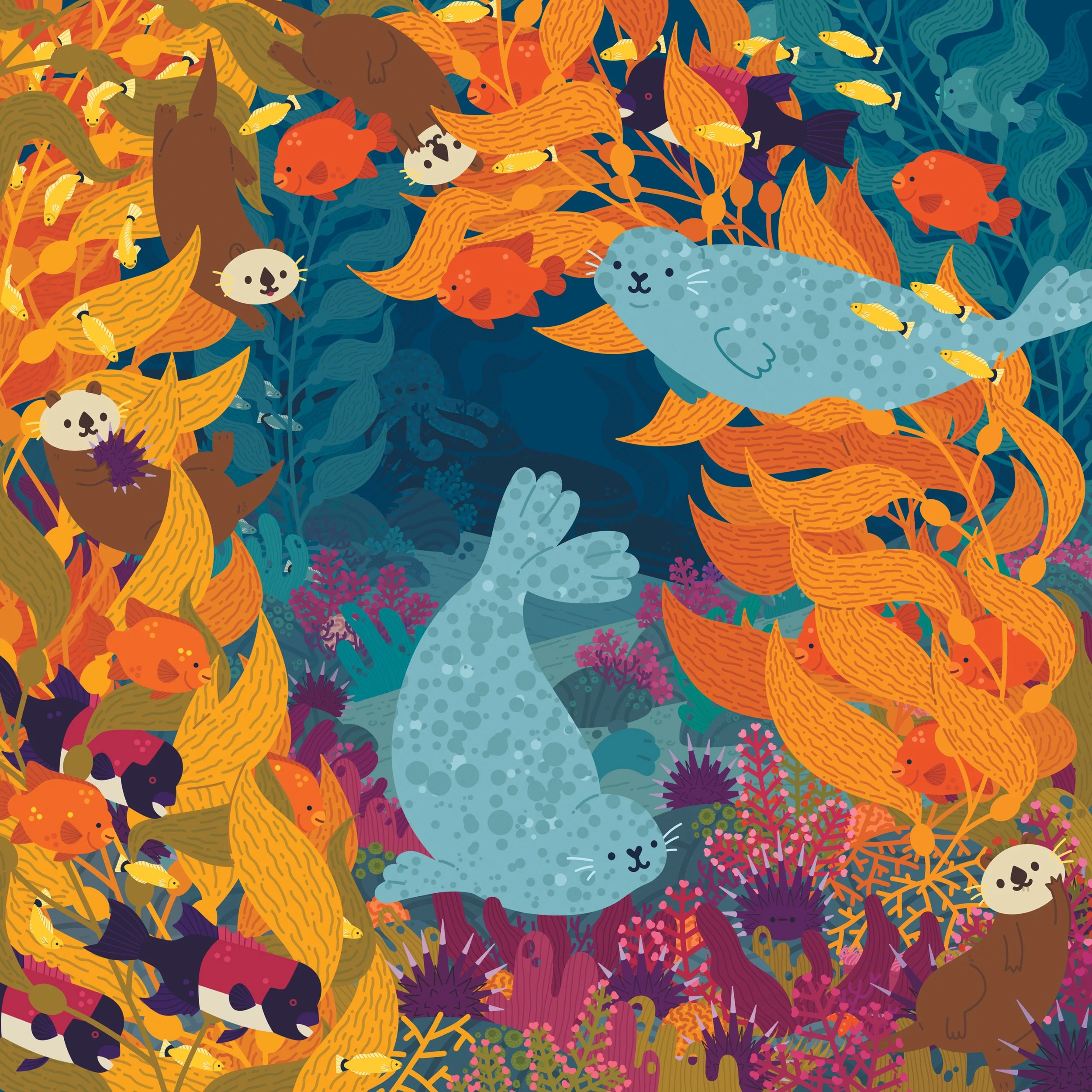 Seal and Otter Kelp Forest 8x8 Matte Print