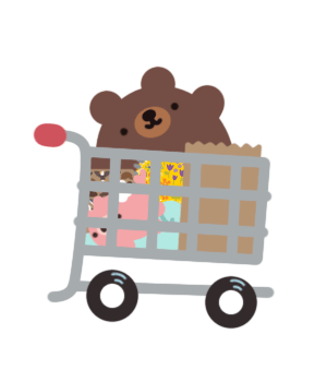 illustrated animated gif of a shopping cart with a bear, bag, and little accessories in it's basket