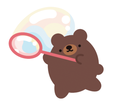 illustration of a small brown bear with a large bubble wand with a long bubble in multiple colors