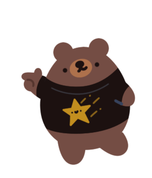 animated illustrated gif of a brown bear wearing a black tshirt with a falling star on it. the brown bear has hearts coming from his hand in a cute pose