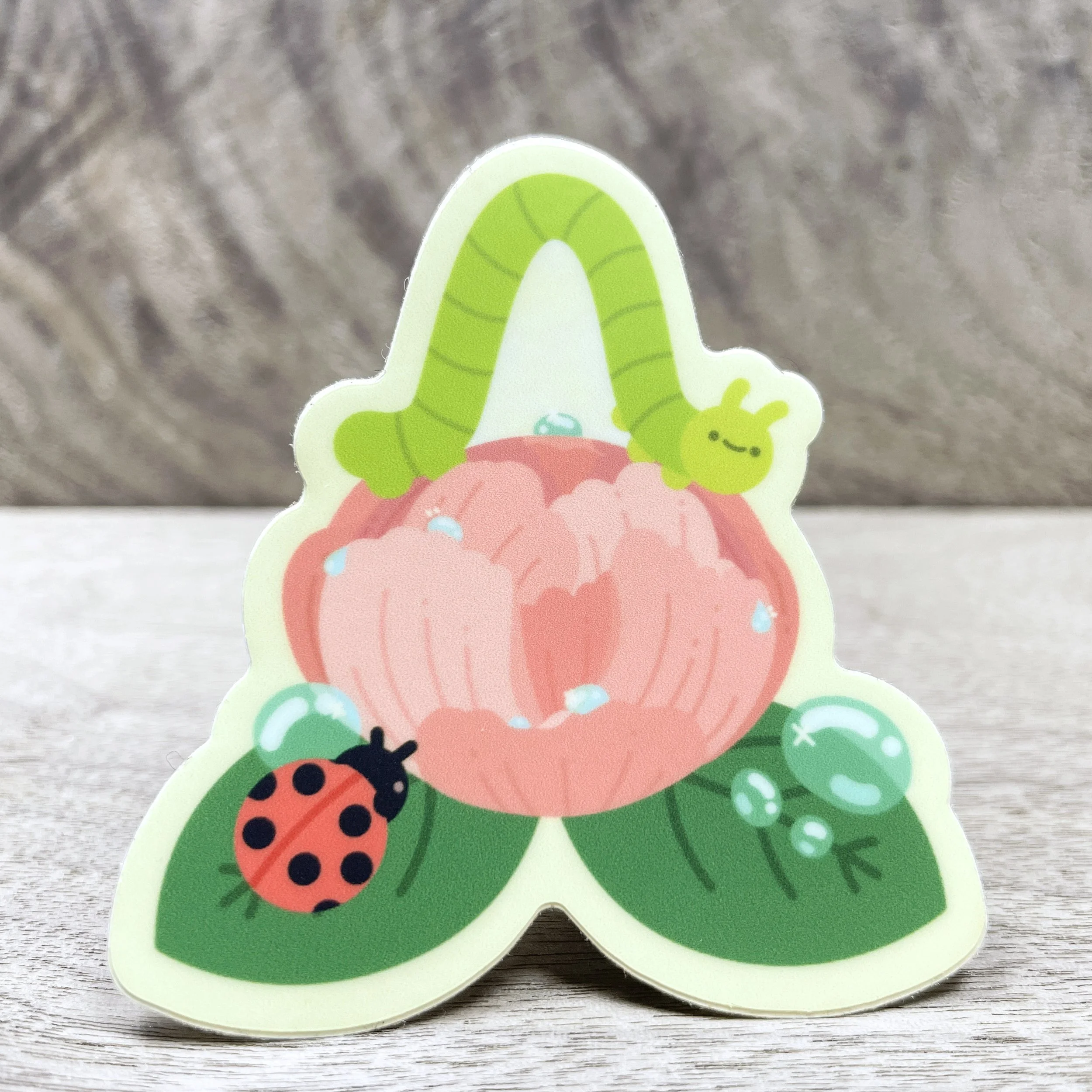 Inchworm on Peony Vinyl Sticker