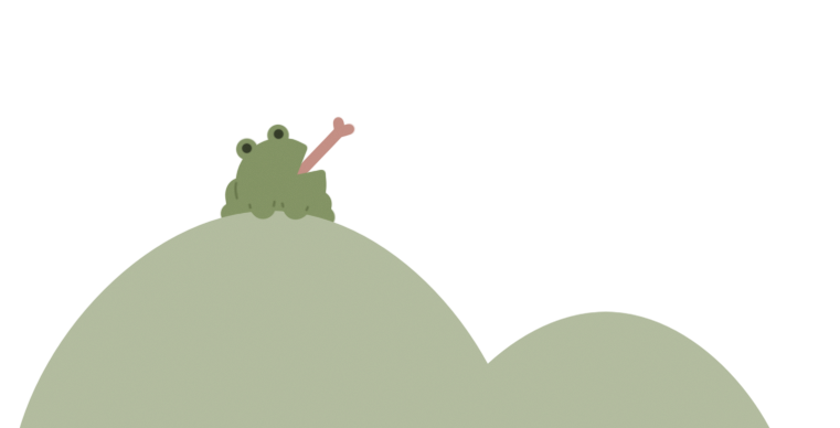 illustration of a small green frog sticking out its tongue while sitting on a lighter green hill