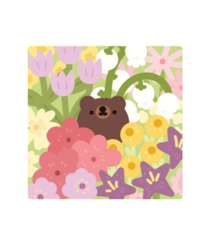 animated illustrated gif of a bear in flowers slowly falling asleep