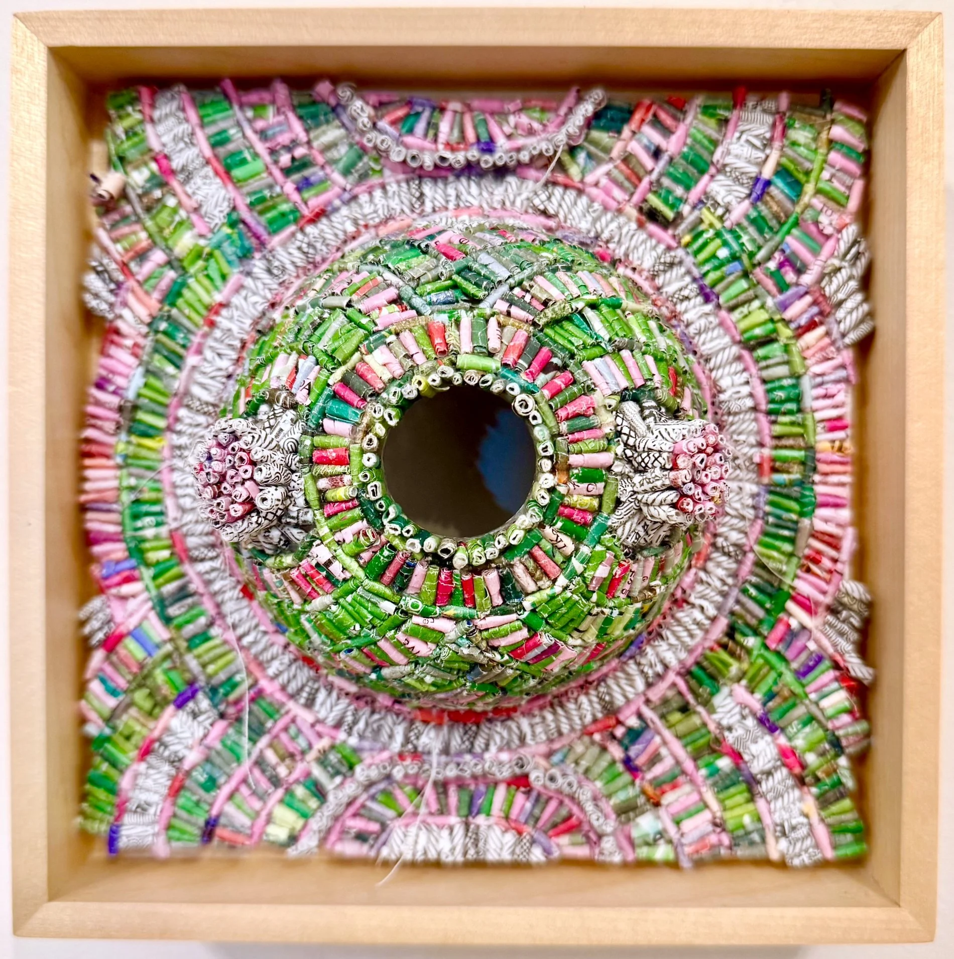   Busywork #8, shredded New Yorker magazines and security envelopes over post-consumer armature,8" x 8" x 2", framed 