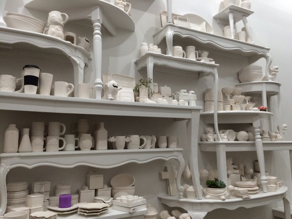 Glaze Fire's wall of paintables is the antithesis of Color Me Mine, making us a match made in heaven. Oh Hi there bat wing mug and ceramic vintage milk jug!