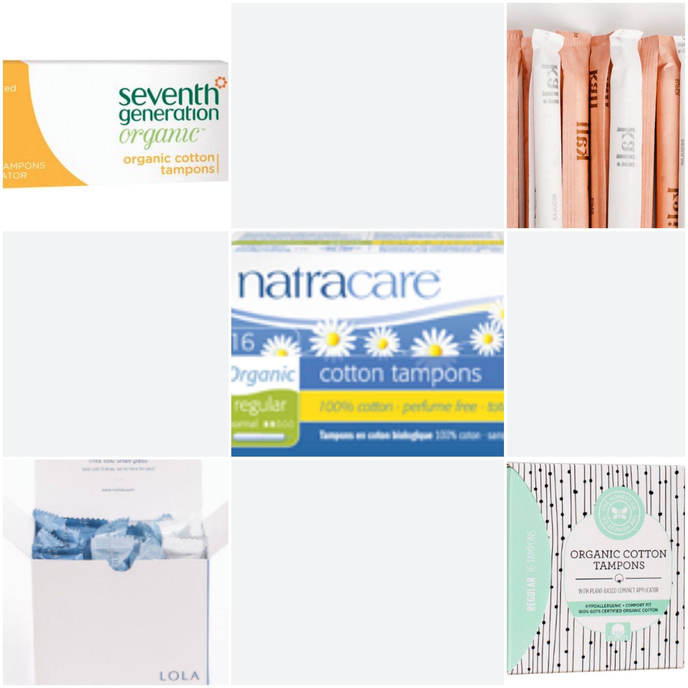 Seventh Gen - 20 for $5.47 // Kali- 10 (plus wipes) for $25 // Natra // Lola- 18 for $10 // Honest -16 for $6.95