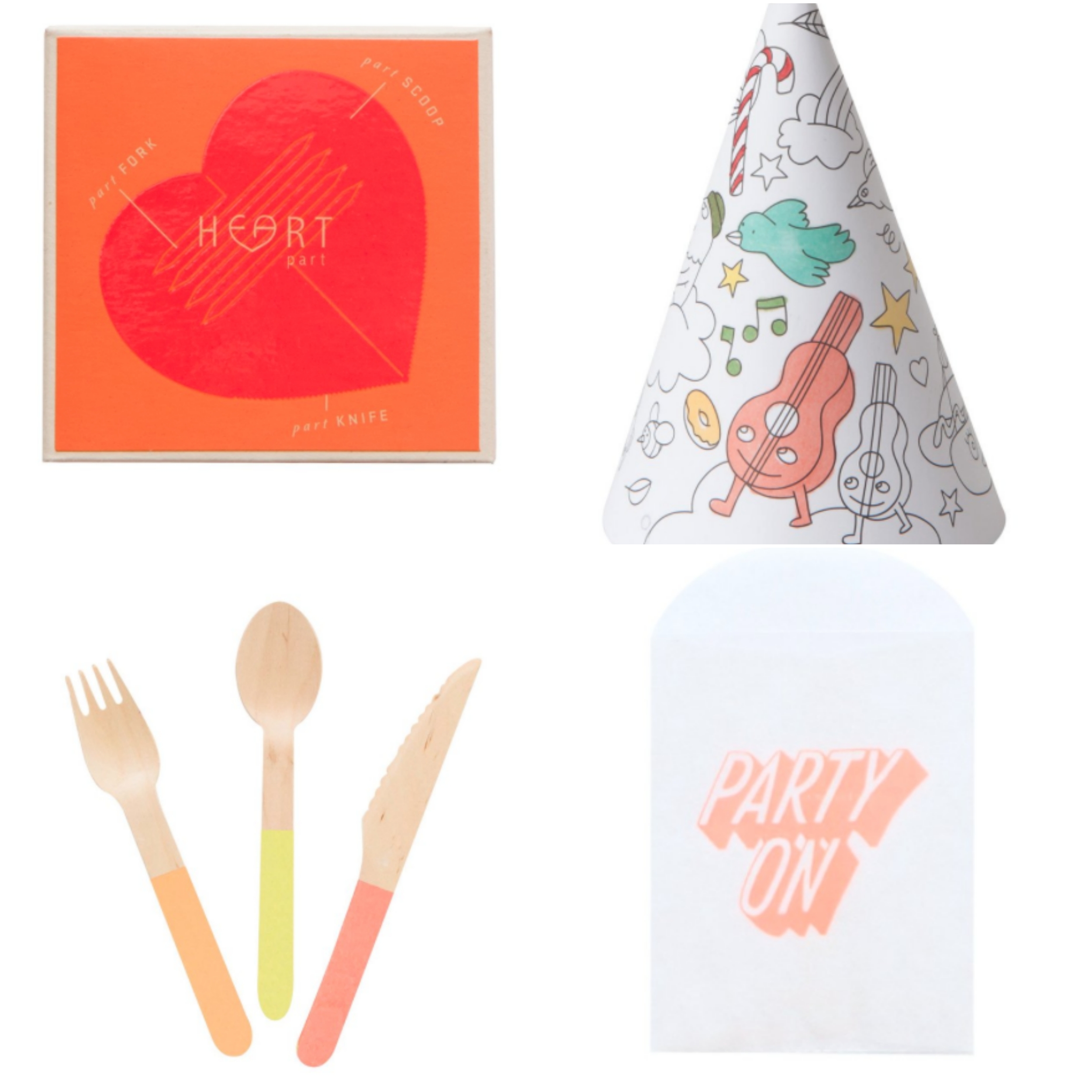 ONE- Heart Cutlery TWO- Color Your Own Hat THREE- Neon Wooden Cutlery FOUR- Treat Bag