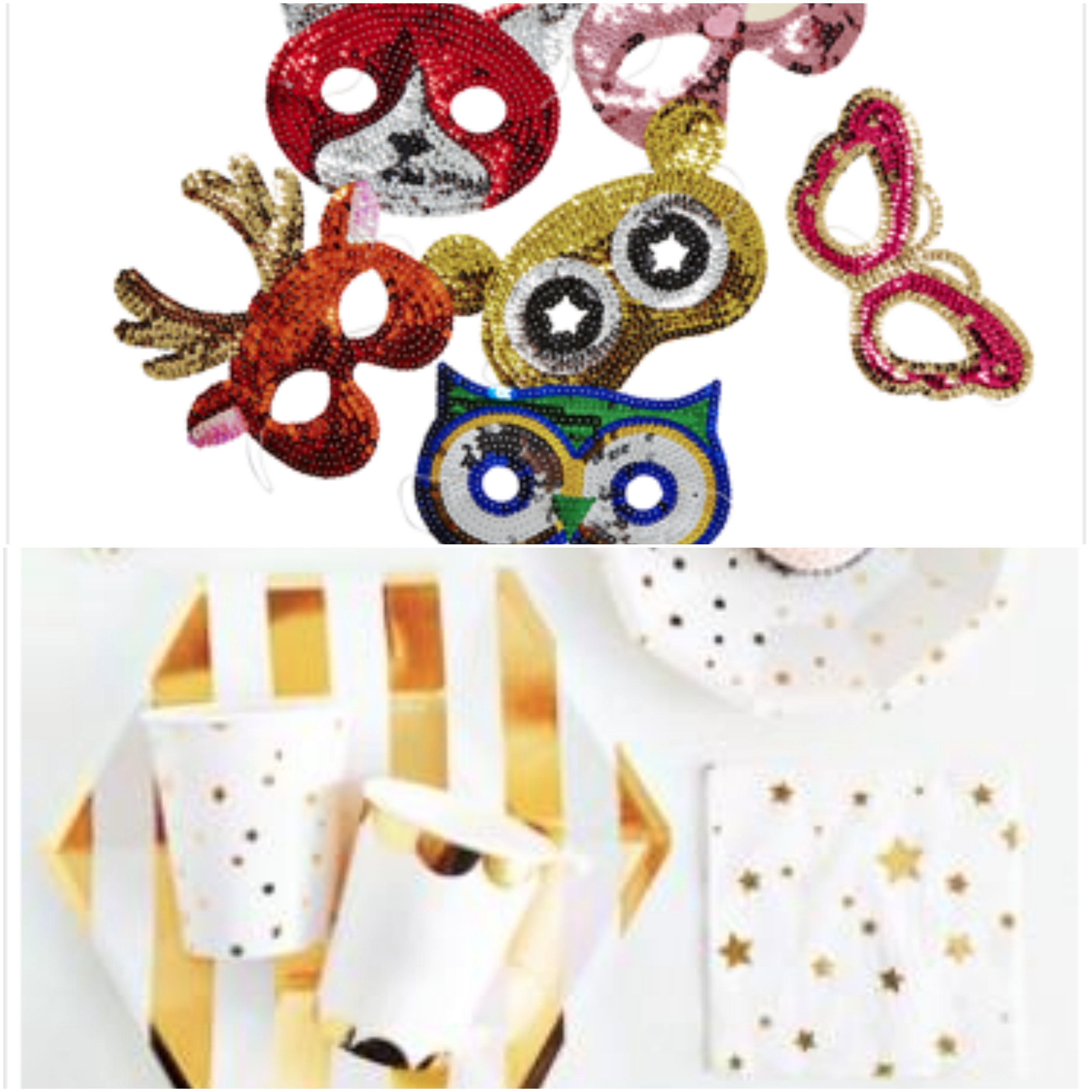 ONE- Sequin Animal Masks TWO- Gold Tableware