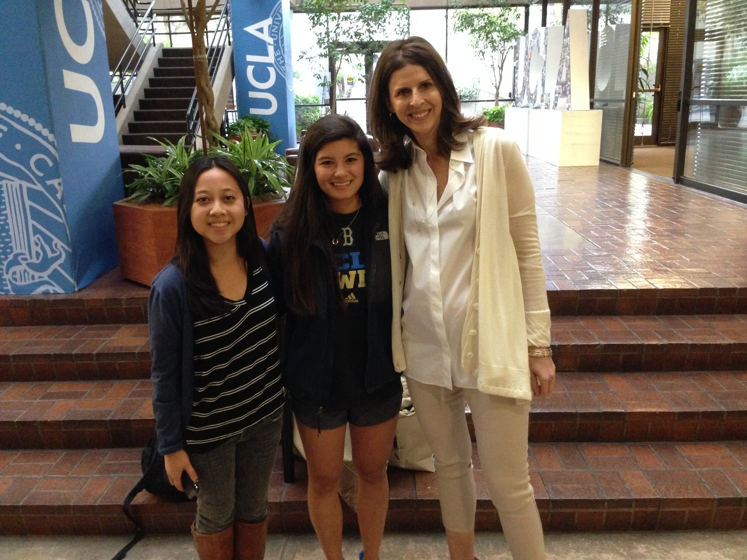 From left to right, Patricia Ferido, Chloe Kojima, and Amy Ziering after Ziering's conversation at UCLA. Patricia and Chloe are students in "Documentary Production for Social Change: Mobility in Los Angeles," a course funded by ASPIRE.