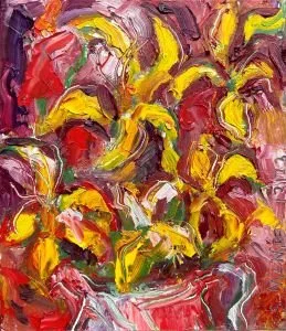 Lilies in Pitcher, 6X7, 2023, oil on mechanical board