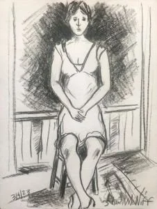 Woman on Stool 3, 9x12, 2023, pencil on paper