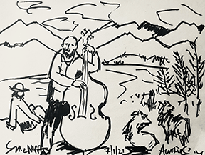 Bass Player & Aussies 2, 9x12, marker on paper, 2021