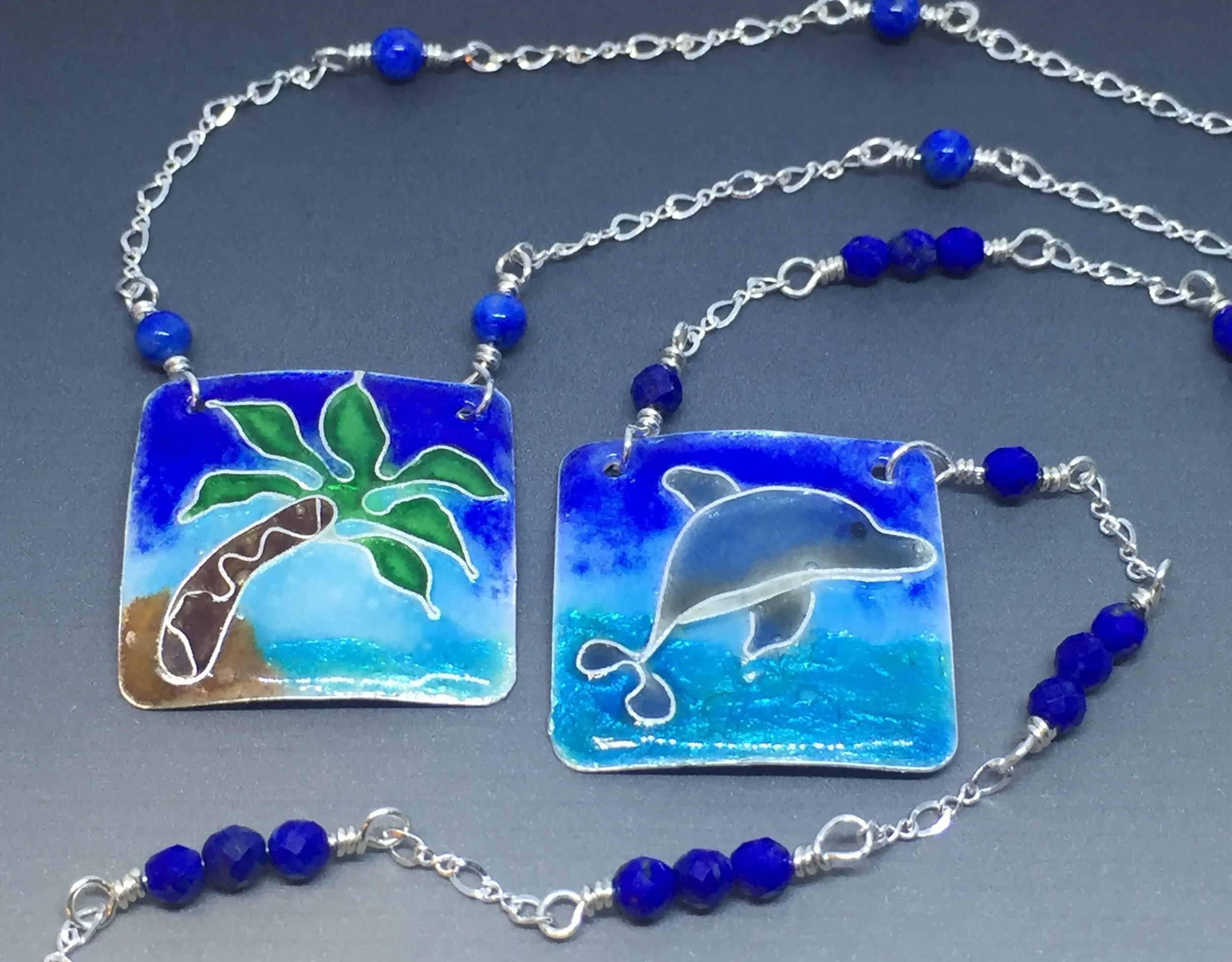 Palm tree &amp; dolphin cloisonne