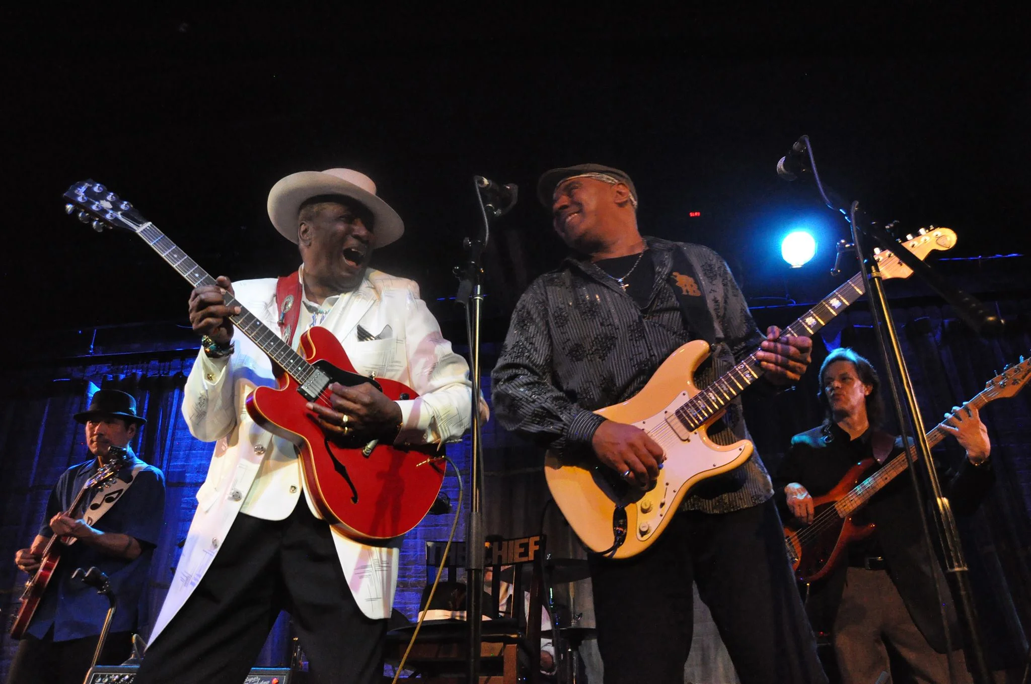 Shoji with Eddy Clearwater, Ronnie Baker Brooks and Dave Knopf January 2014 by Lynn Orman/Orman Music