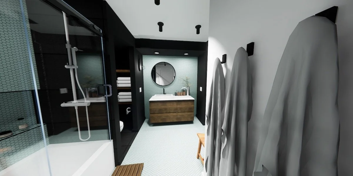Bathroom entry wrapped in cool mosaic tiles. Warm walnut and teak wood tones draw you into the intended spaces of self care.