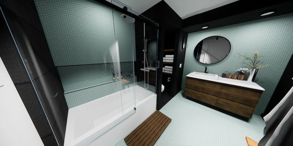 The warm tones of a natural teak bath matt and the walnut vanity gently invite you into calm spaces of self care.