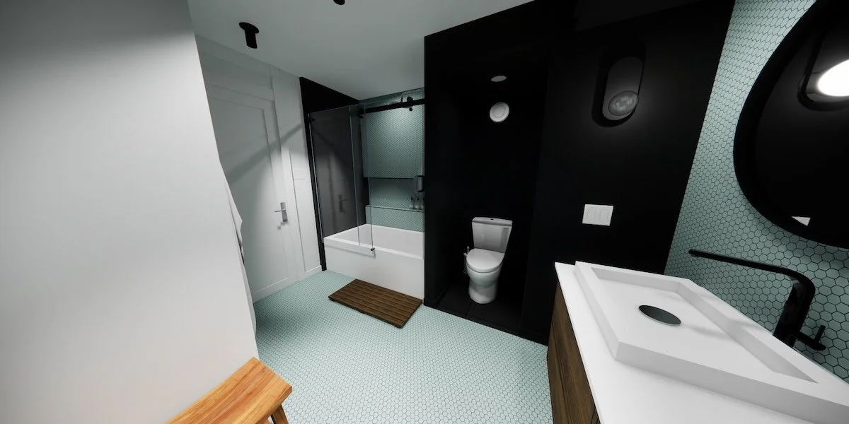 The intentional use of wooden elements subconsciously give you direction. A warm wooden bathroom stool provides a place to sit or to keep something up off the bathroom floor.