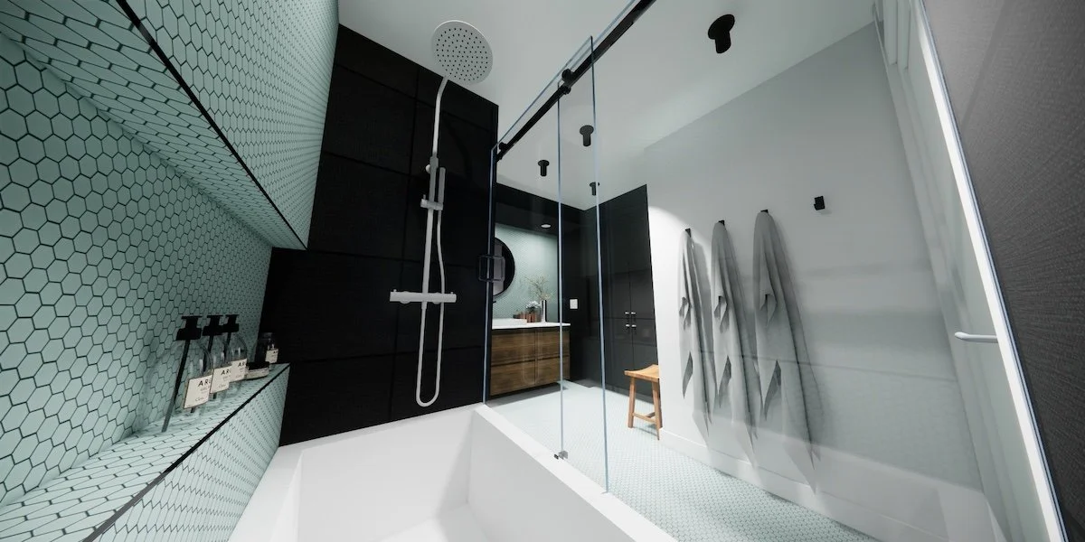 A custom long and low shower niche provide the perfect space for a glass of wine while you relax in your home spa.