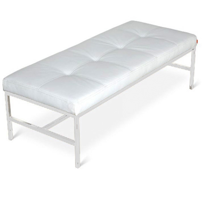 White Tufted Leather Bench With Steel, White Leather Bench