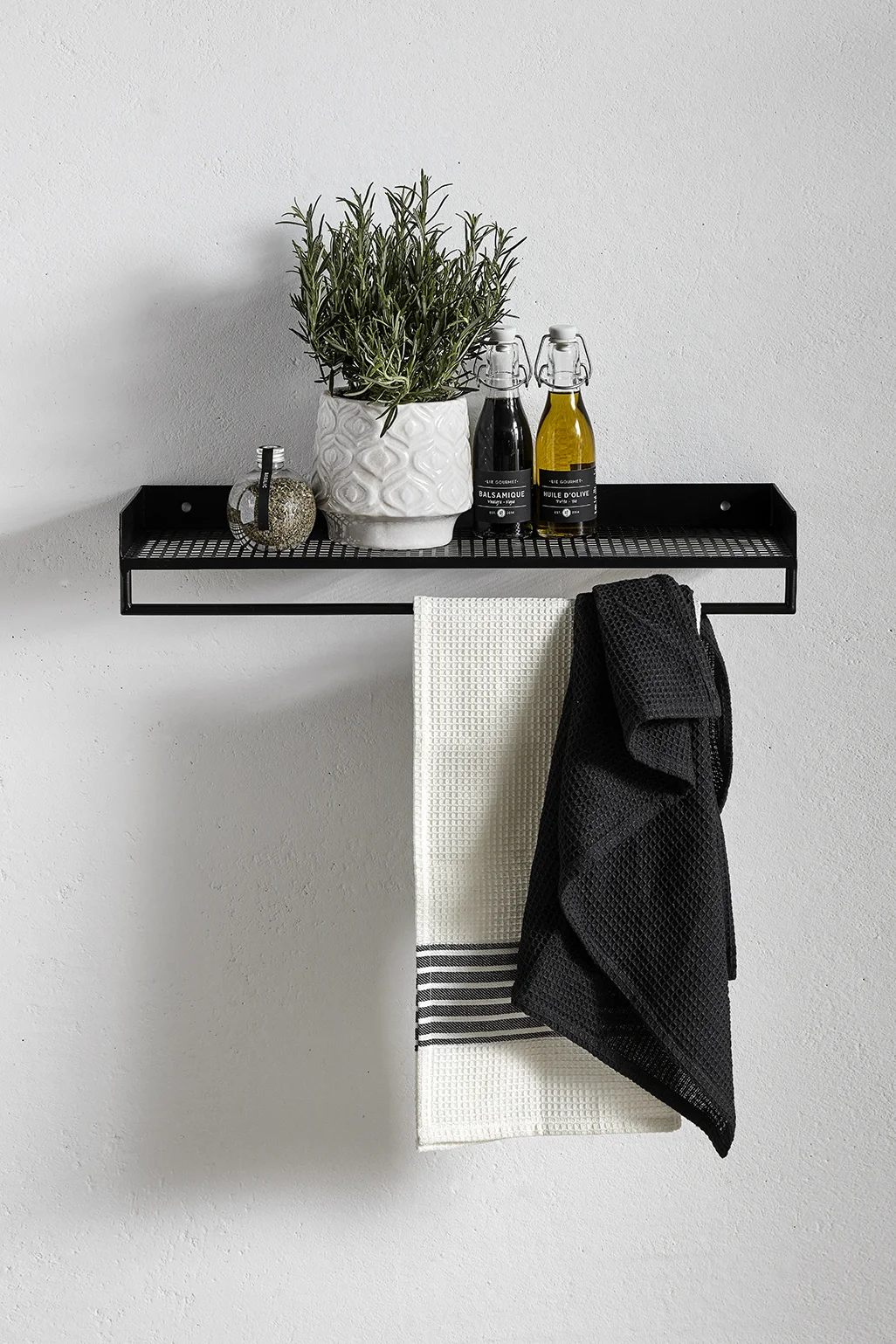 black metal shelves