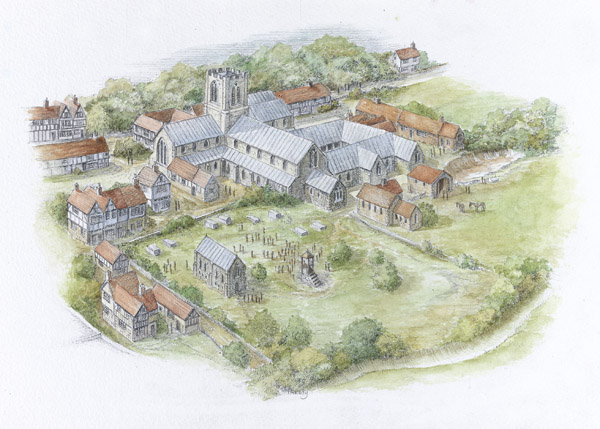 An artists impression of how the Hospital of St. Mary without Bishopsgate may have appeared before its dissolution. (Source: Museum of London)