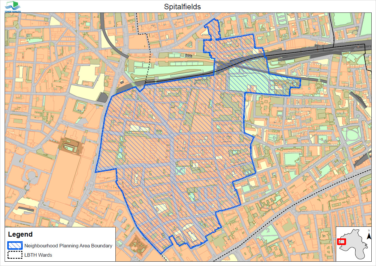 The boundaries (see map above) of the Spitalfields Neighbourhood Planning Area were the outcome of public consultation meetings held in July and August 2014. A version of these bounds were formally adopted by the Spitalfields Neighbourhood Planning Forum at its Inaugural Meeting on 18 August 2014 and were subsequently amended by the London Borough of Tower Hamlets on 5 April 2016. This final version of the bounds, as amended, was ratified by the Spitalfields Neighbourhood Planning Forum at its Special General Meeting on 26 April 2016.