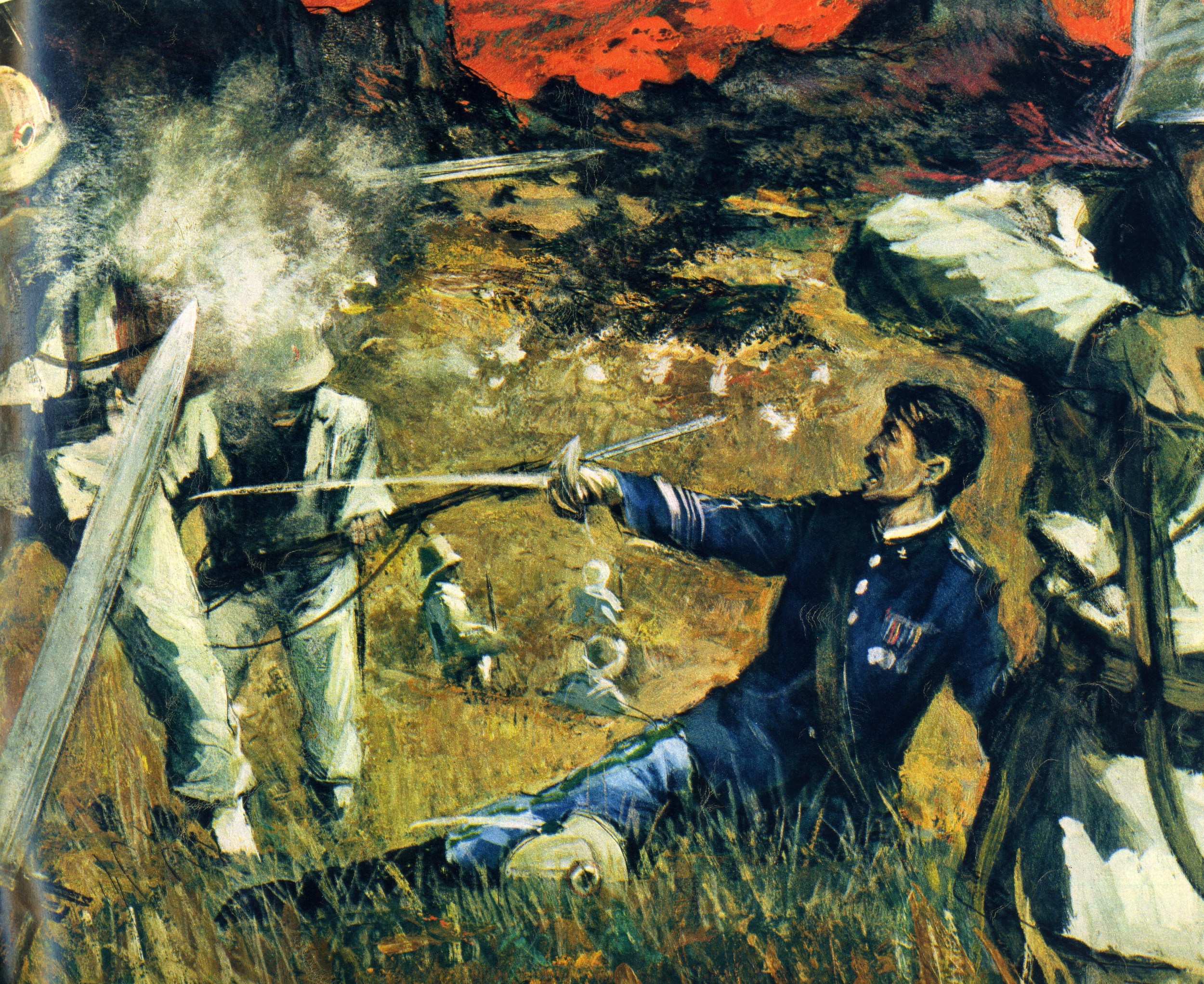 Il disperato eroismo del Ten. Col. Davide Menini e dei suoi Alpini durante la battaglia di Adua il 1 marzo del 1896 nel particolare di una tavola di Alfonso Artioli. Cadeva così uno dei più luminosi esempi di ufficiale all’inizio dell’epopea delle truppe alpine. Nell’agosto del 1882, con il grado di Capitano, avuta notizia dell’arrivo di S.A.R. la Regina Margherita e del giovane Principe Vittorio Emanuele a Perarolo, ordinò alla propria compagnia di Alpini, che aveva appena ultimato una faticosa esercitazione, di marciare dalla Val Fella sino a Perarolo per rendere omaggio ai Sovrani. Partiti alle tre del pomeriggio, gli Alpini giunsero a Perarolo il mattino dopo all’alba dopo una marcia di cento chilometri e alle dieci, con in testa il Capitano Menini, sfilarono davanti ai Reali.