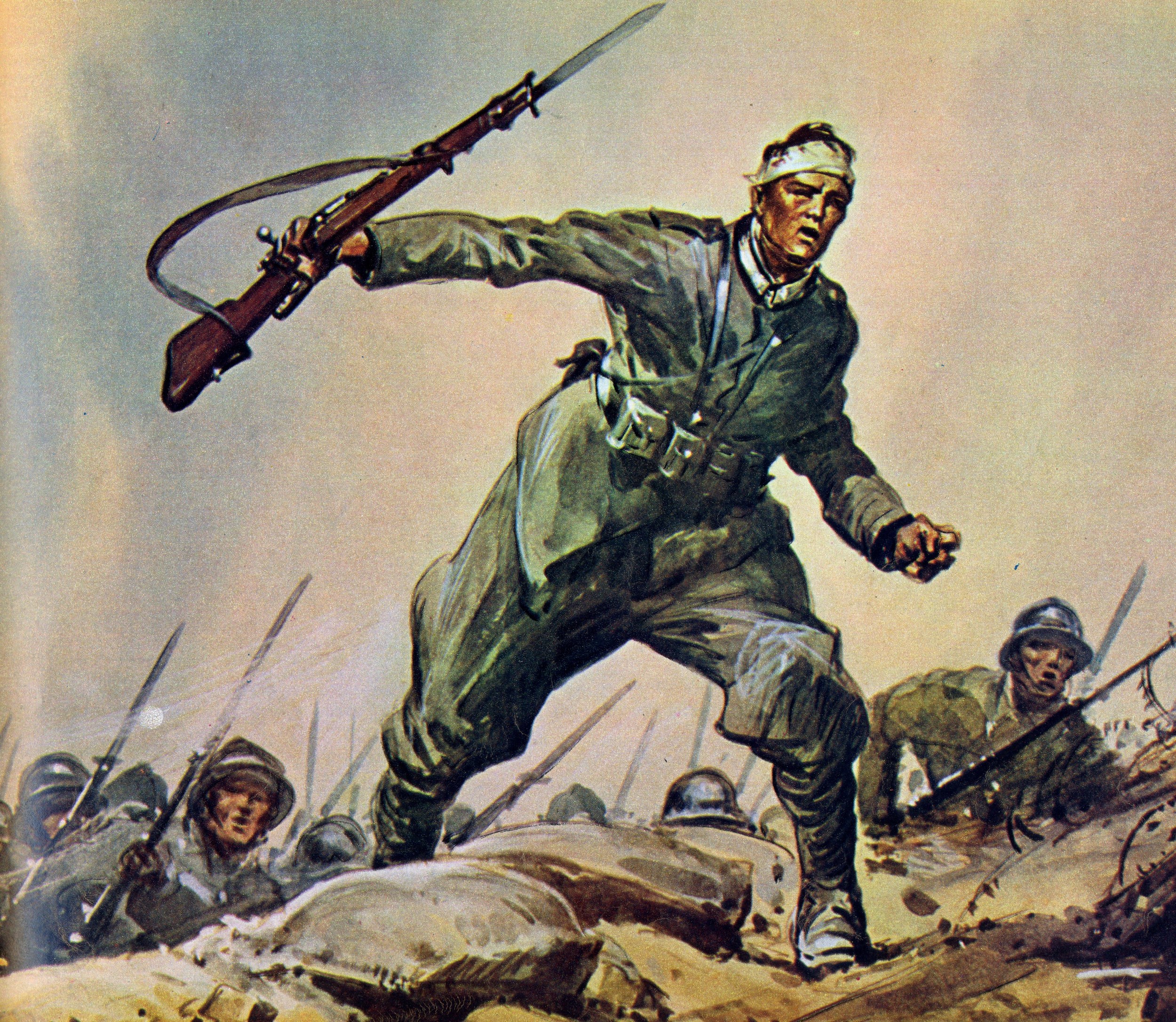 Val Formazza, 19 agosto 1917: l’assalto alla baionetta dei Carabinieri guidati dalla Medaglia d’Argento al Valore Angelo Chinni, falciato da una mitragliatrice (da un quadro di Vittorio Pisani).