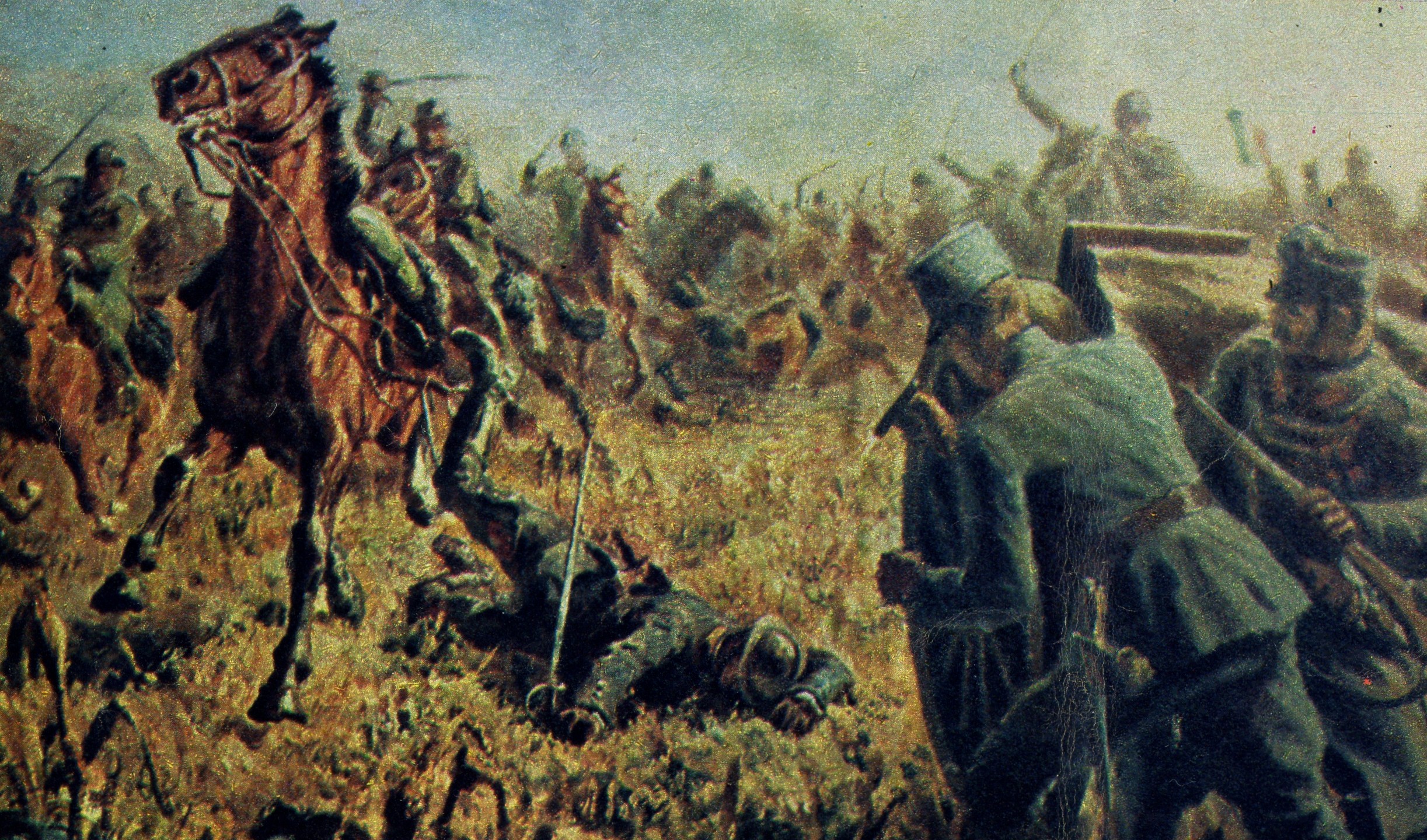 La travolgente carica dei Lancieri di Montebello irrompe nella zona di Tauriano passando tra alcuni pezzi della artiglieria da campagna austroungarica schierati in campo aperto (illustrazione conservata nel Museo della Cavalleria di Pinerolo).