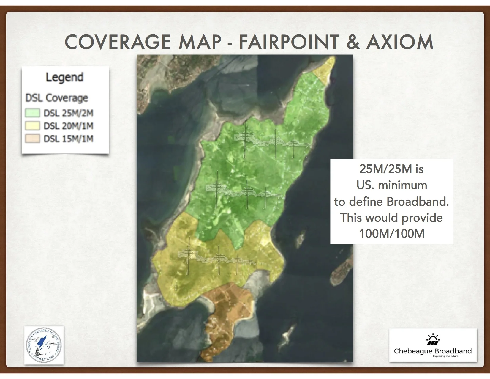 Basically, both Fairpoint and Axiom use the same copper lines. On the best days, internet speed looks like this. DSL technology and the resistance and condition of copper lines can offer no more. There are a few exceptions but basically, this is the way the island looks now.