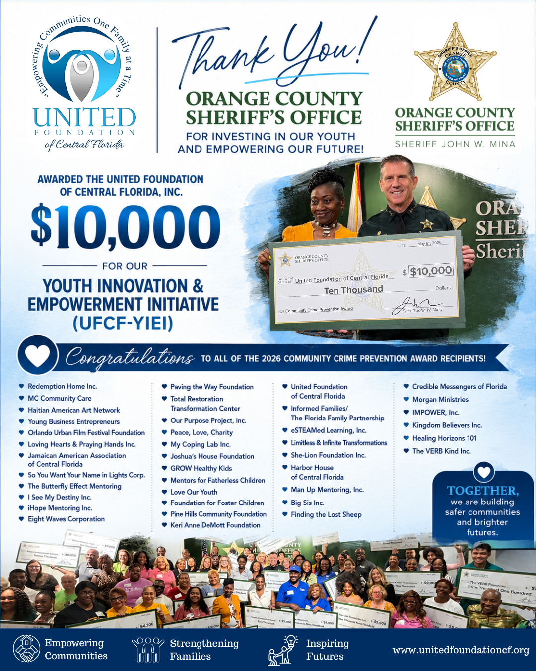 United Foundation of Central Florida Receives $10,000 Community Crime Prevention Award from Orange County Sheriff’s Office