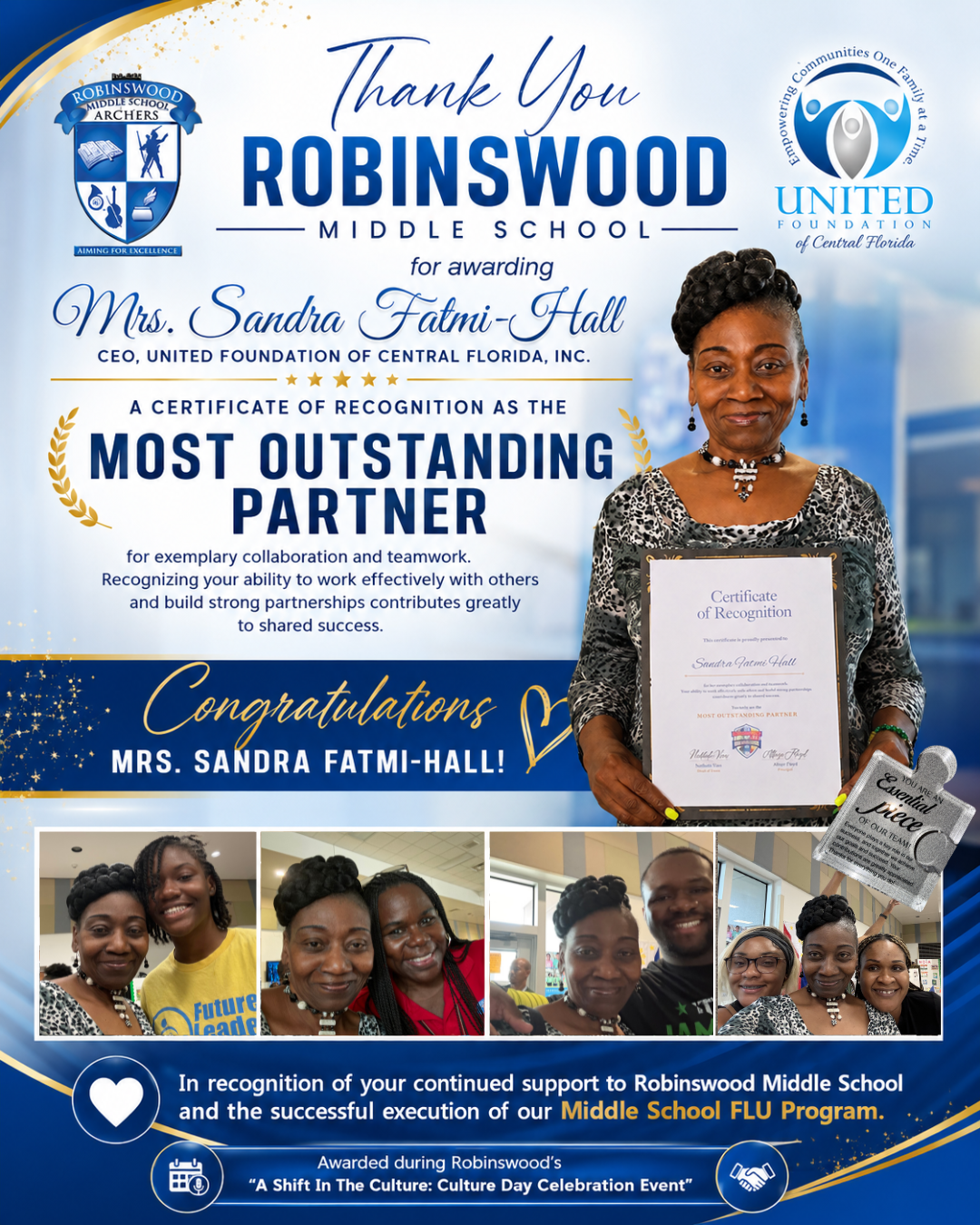 UFCF CEO Sandra Fatmi-Hall Recognized as “Most Outstanding Partner” by Robinswood Middle School