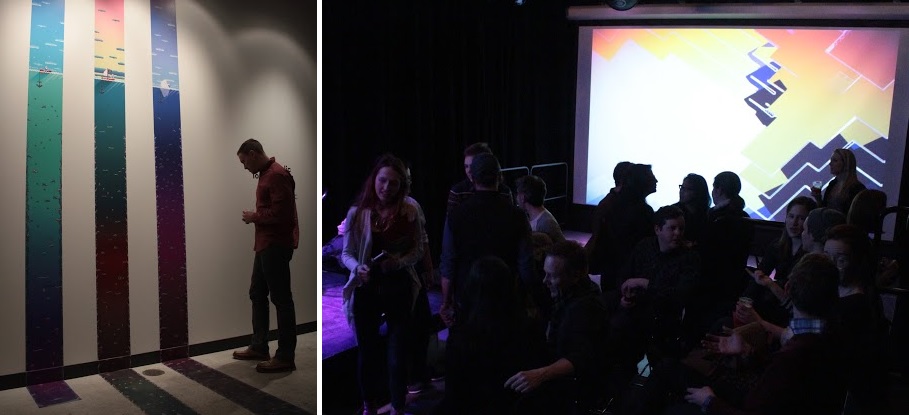 Left: Greg Wohlwen's Ridiculous Fishing installation. Right: William Chyr's Manifold Garden playable vignette. Photo Credit: Caleb Foss (2016)