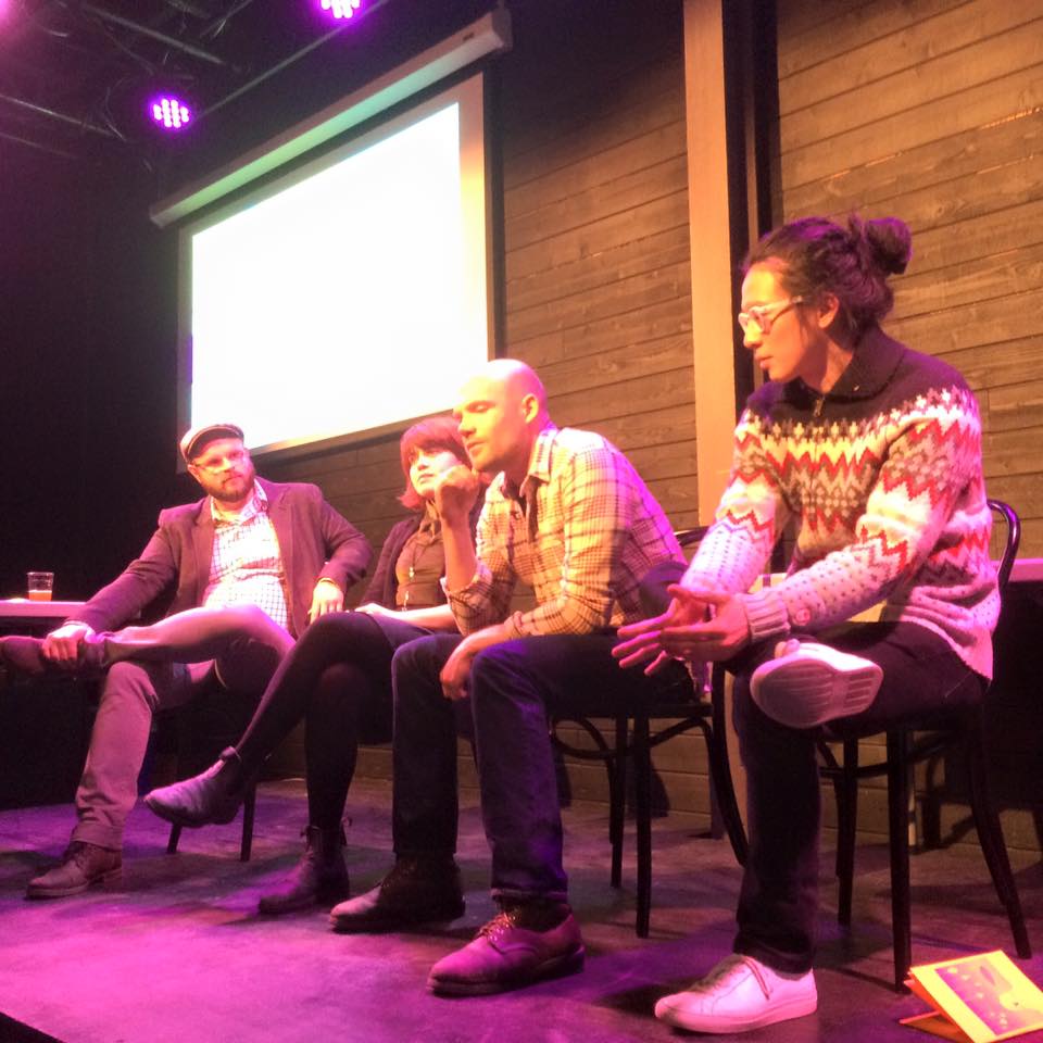 Artist Talk. Pictured left to Right: Chaz Evans, Paloma Dawkins, Greg Wohlwend, William Chyr