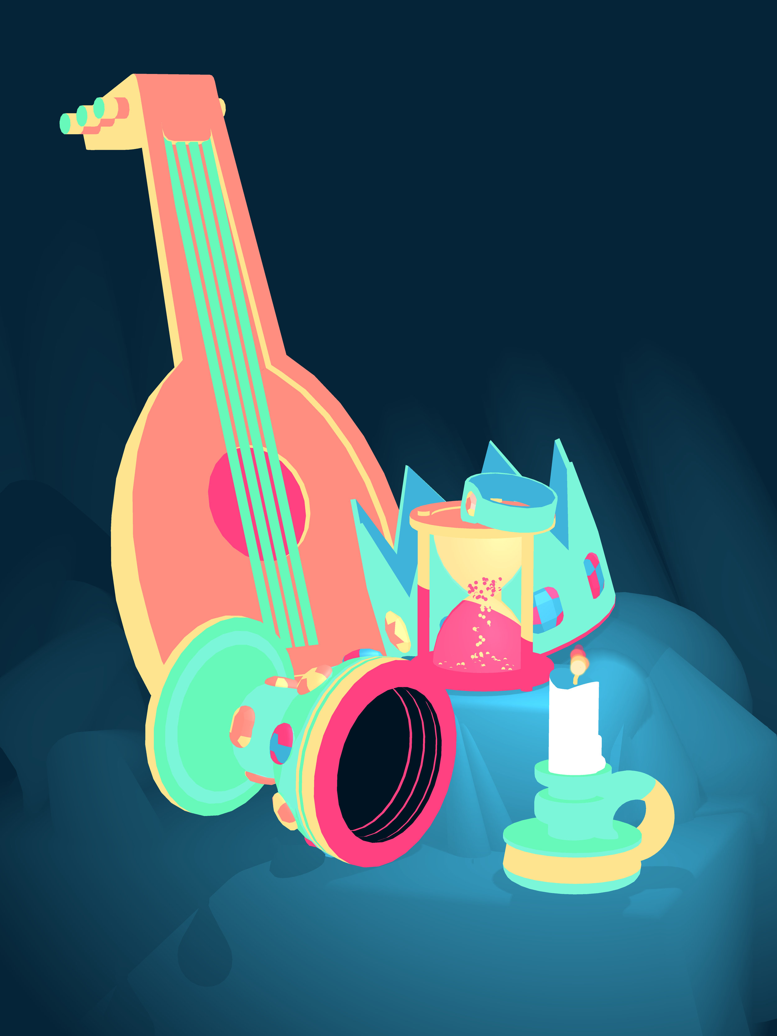 Print of a chordophone, chalice, candle, hourglass, ring, and crown, from the game Vignettes by Pol Clarissou.