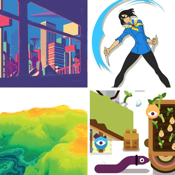 Clockwise from upper left: Details of new prints from 4Ever Transit Authority , Battle Chef Brigade , Mu Cartographer , Tumbelseed
