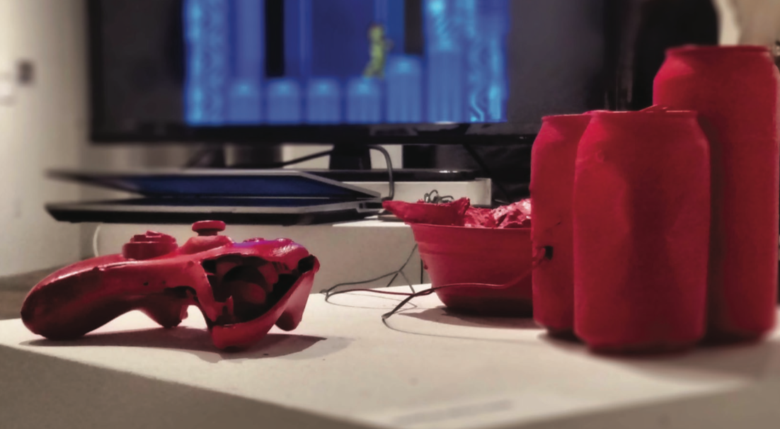 Fig. 2. Detail of damaged controller, Eddie Lohmeyer, Super Metroid: Nightmare Edition , 2016. Image courtesy Eddie Lohmeyer.