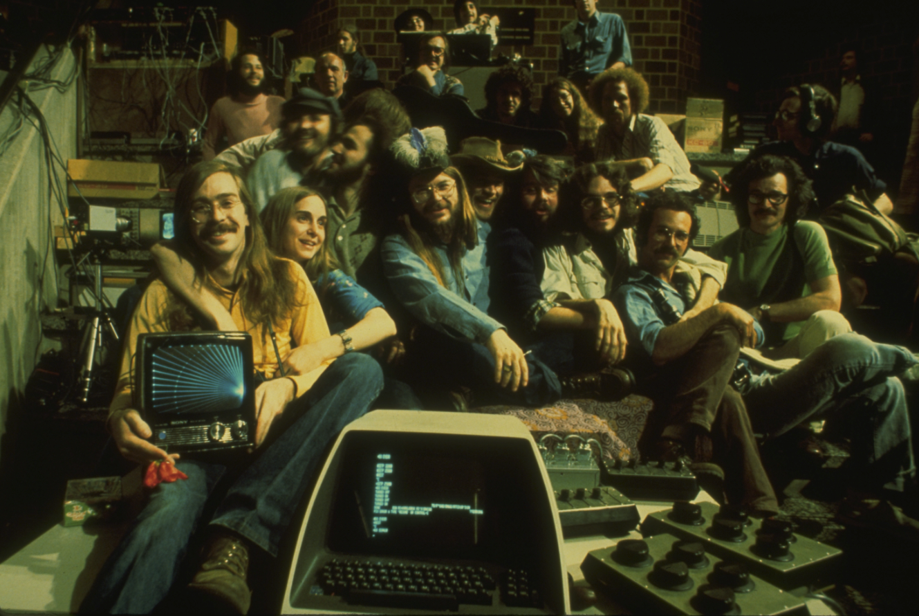   Participants in live computer video performance at electronic visualization event 2 in Chicago. Photo by Clark Dodsworth.&nbsp;1976    