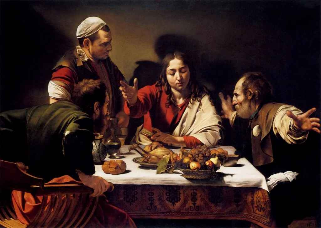 The Supper at Emmaus By Caravaggio, 1601. Click to enlarge.