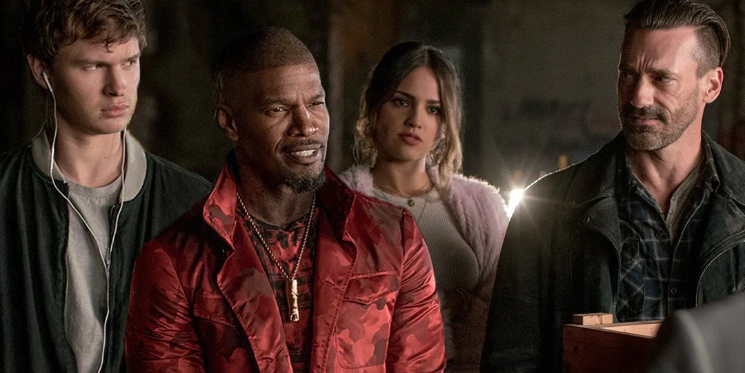 The Crew L-R: Ansel Egort as Baby, Jamie Foxx as Bats, Eiza Gonzalez as Darling and Jon Hamm as Buddy