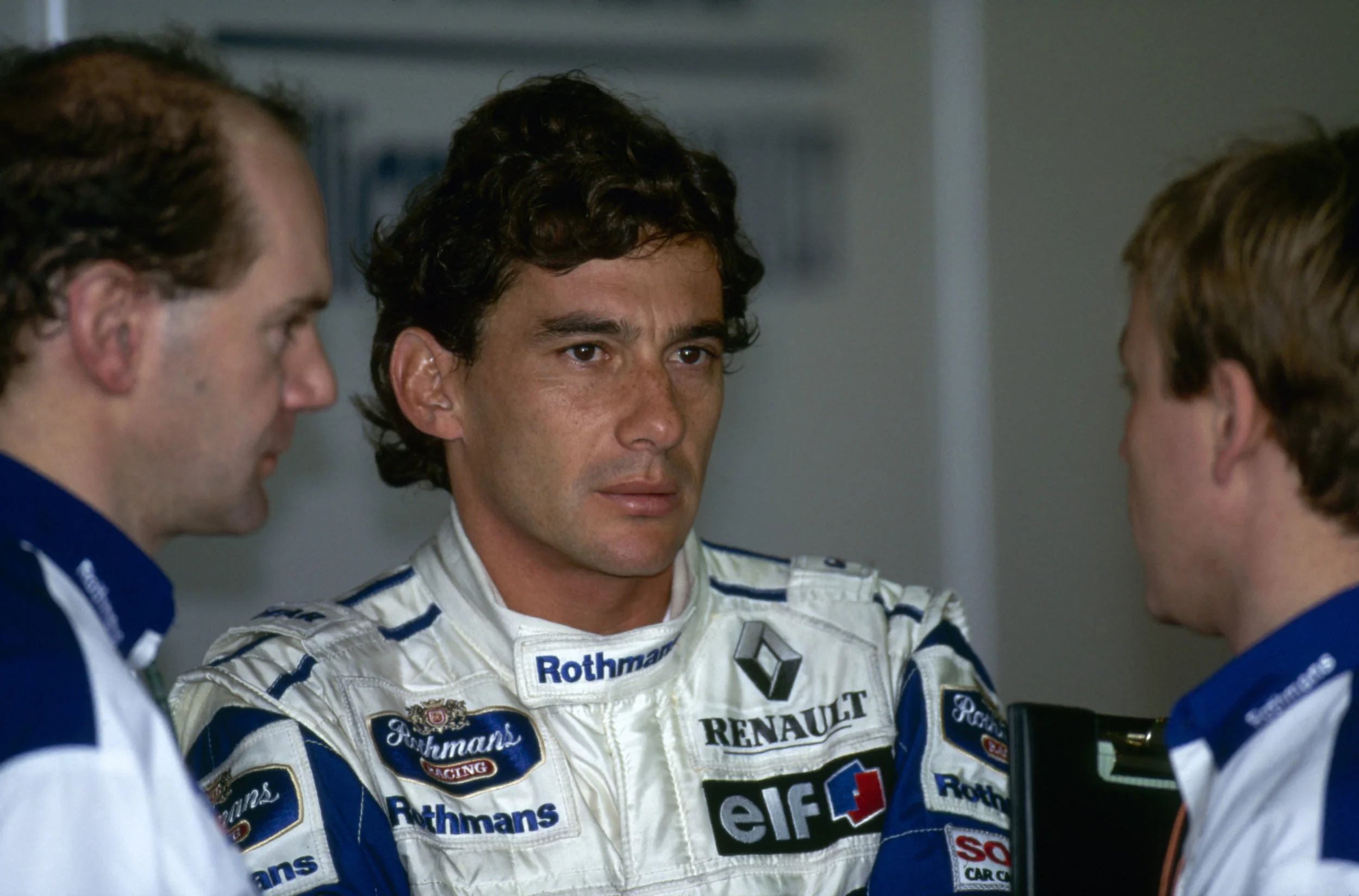 Newey (left) with Aryton Senna and David Brown