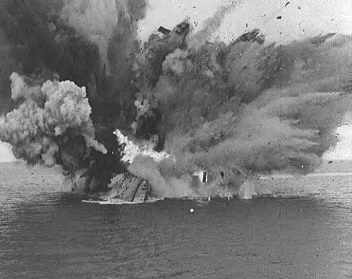 HMS Barham exploding after being stuck by three torpedos from U-331 in 1941