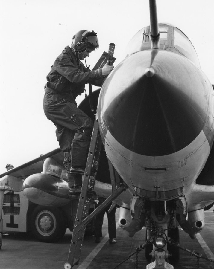 Lt Cdr Tim Gedge climbing down from his  SHAR abroad HMS Hermes in 1981. Image: Rowland White
