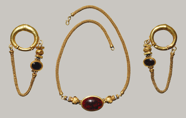 Normal
0
false
false
false
EN-US
X-NONE
X-NONE
Necklace and Earrings; Late Hellenistic, 1st century B.C. , Greek ; Gold, garnet, agate, at the Metropolitan Museum of Art
/* Style Definitions */
table.MsoNormalTable
{mso-style-name:"Table Normal";
mso-tstyle-rowband-size:0;
mso-tstyle-colband-size:0;
mso-style-noshow:yes;
mso-style-priority:99;
mso-style-qformat:yes;
mso-style-parent:"";
mso-padding-alt:0in 5.4pt 0in 5.4pt;
mso-para-margin-top:0in;
mso-para-margin-right:0in;
mso-para-margin-bottom:10.0pt;
mso-para-margin-left:0in;
line-height:115%;
mso-pagination:widow-orphan;
font-size:11.0pt;
font-family:"Calibri","sans-serif";
mso-ascii-font-family:Calibri;
mso-ascii-theme-font:minor-latin;
mso-fareast-font-family:"Times New Roman";
mso-fareast-theme-font:minor-fareast;
mso-hansi-font-family:Calibri;
mso-hansi-theme-font:minor-latin;}