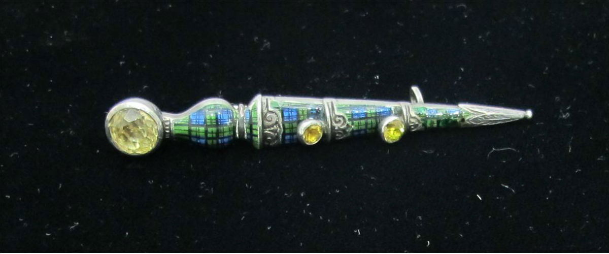 Victorian silver dirk pin with citrine, yellow paste and enamel, at Gray & Davis