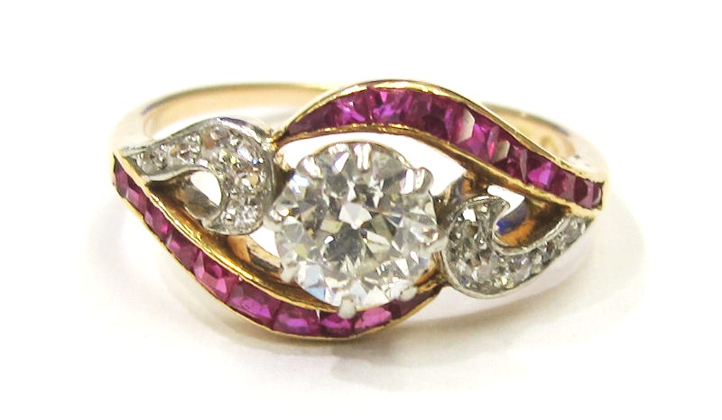 Engagement Ring -Oval Diamond With Round Diamonds & Ruby Accents in 14k  Yellow Gold-ES1408OVBSYG