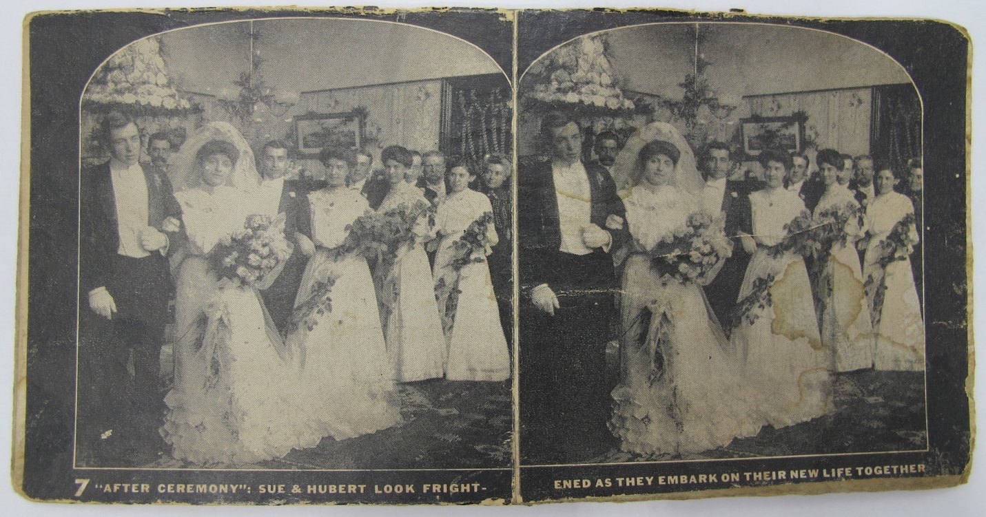 '"After Ceremony": Sue & Hubert look frightened as they embark on their new life together.' I think the wedding party looks more frightened than the couple.