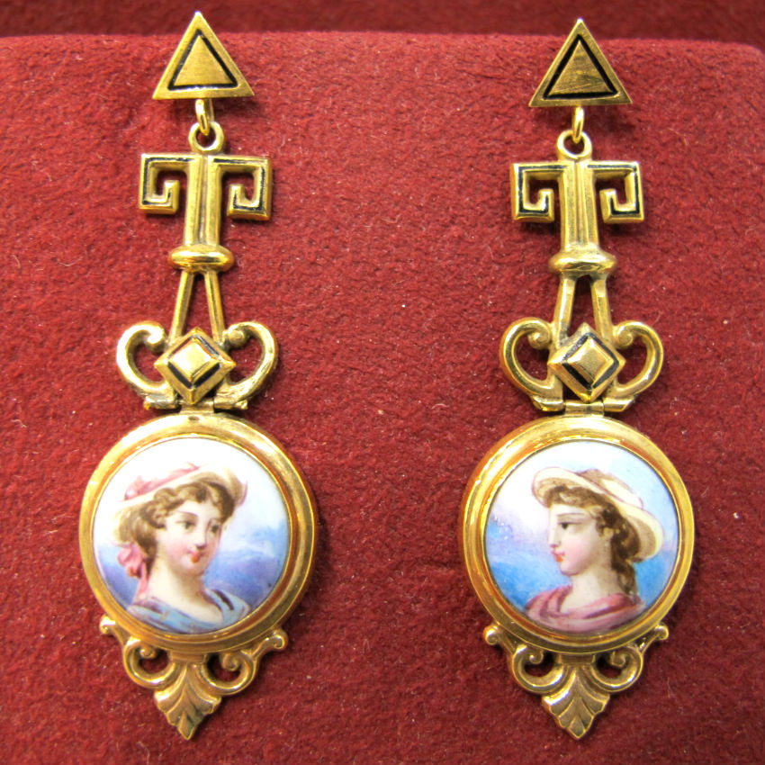 Victorian 18k gold and Swiss enamel dangling portrait earrings, at Gray & Davis.