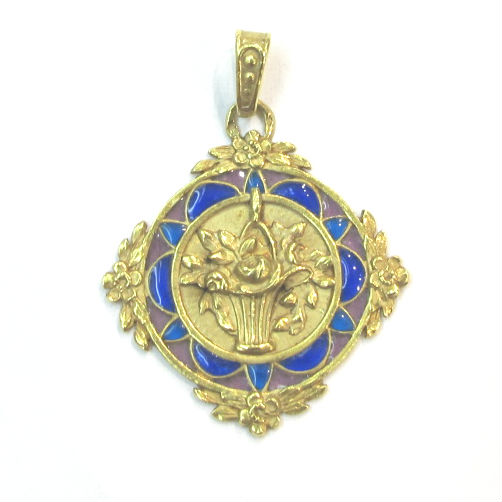 Victorian French 18k gold pendant with plique-a-jour enamel, with a bouquet of roses and a forget-me-not border. At G&D.