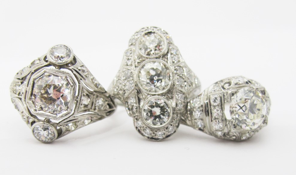Three platinum and diamond rings, c. early 20th century. All available for sale at Gray & Davis. 